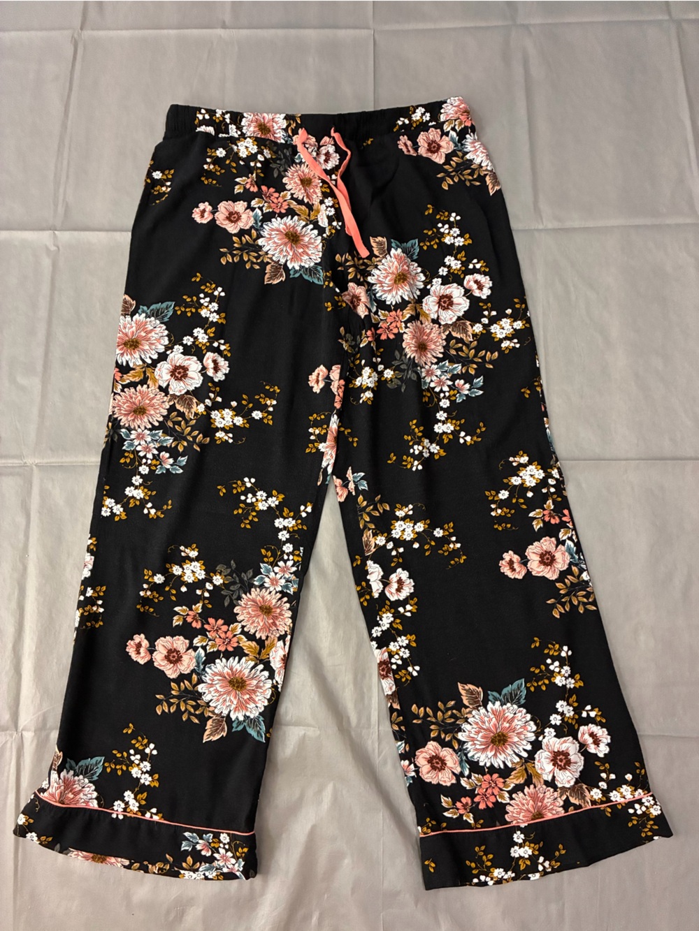 Cynthia Rowley Black Wide-Leg Floral Pants with Pink & Cream Blooms